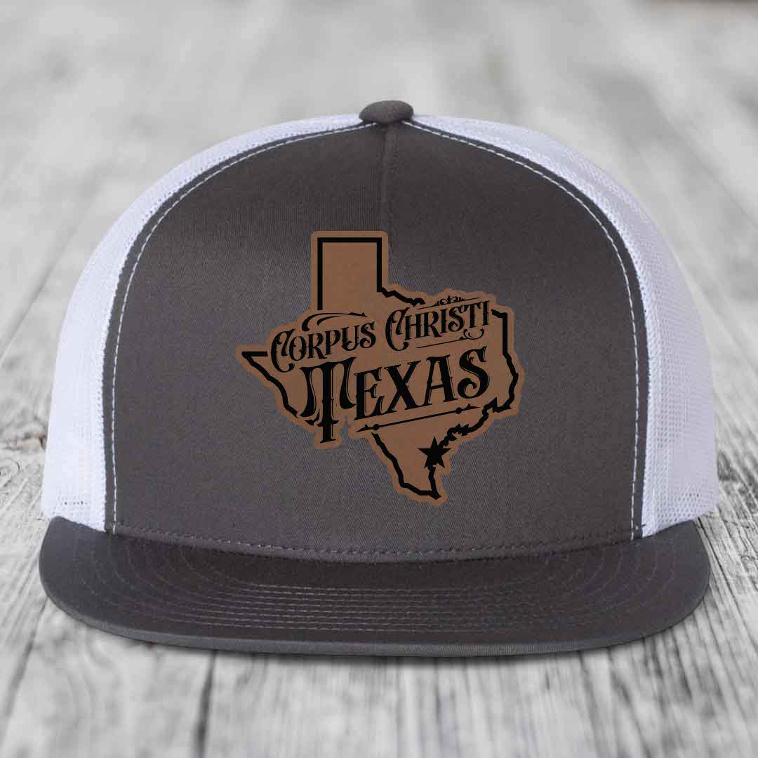 Corpus Christi Texas (Deluxe) - Leather Patch Hat - Dark Brown to Black Patch - Yupoong 6006 Snapback Flatbill Hat