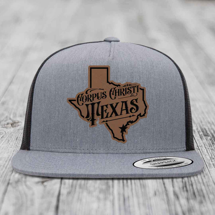 Corpus Christi Texas (Deluxe) - Leather Patch Hat - Dark Brown to Black Patch - Yupoong 6006 Snapback Flatbill Hat