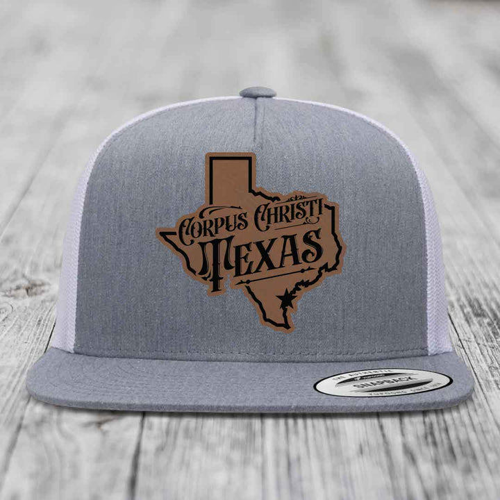 Corpus Christi Texas (Deluxe) - Leather Patch Hat - Dark Brown to Black Patch - Yupoong 6006 Snapback Flatbill Hat