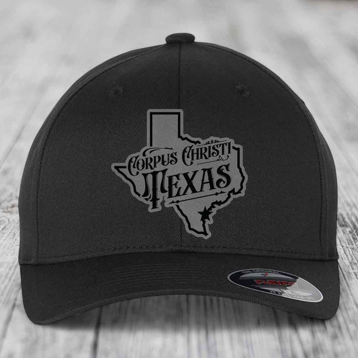 Corpus Christi Texas (Deluxe) - Leather Patch Hat - Grey to Black Patch - Flexfit 6277 Fitted Hat