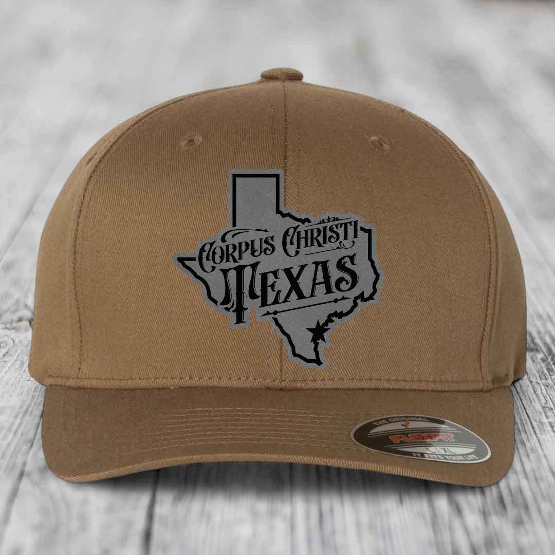 Corpus Christi Texas (Deluxe) - Leather Patch Hat - Grey to Black Patch - Flexfit 6277 Fitted Hat