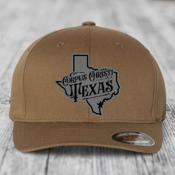Corpus Christi Texas (Deluxe) - Leather Patch Hat - Grey to Black Patch - Flexfit 6277 Fitted Hat