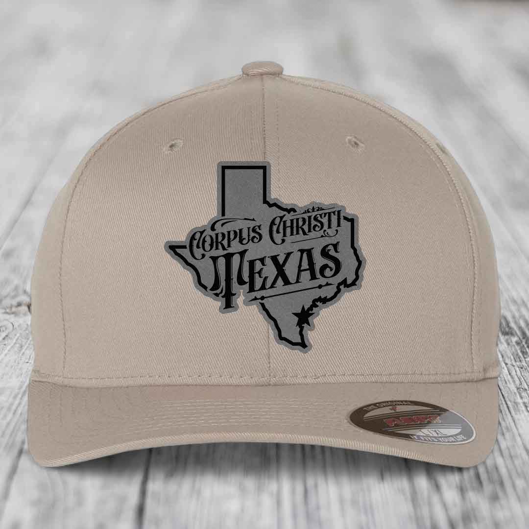 Corpus Christi Texas (Deluxe) - Leather Patch Hat - Grey to Black Patch - Flexfit 6277 Fitted Hat