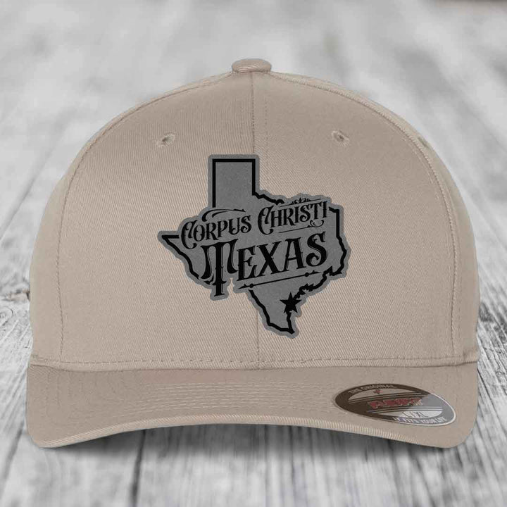 Corpus Christi Texas (Deluxe) - Leather Patch Hat - Grey to Black Patch - Flexfit 6277 Fitted Hat