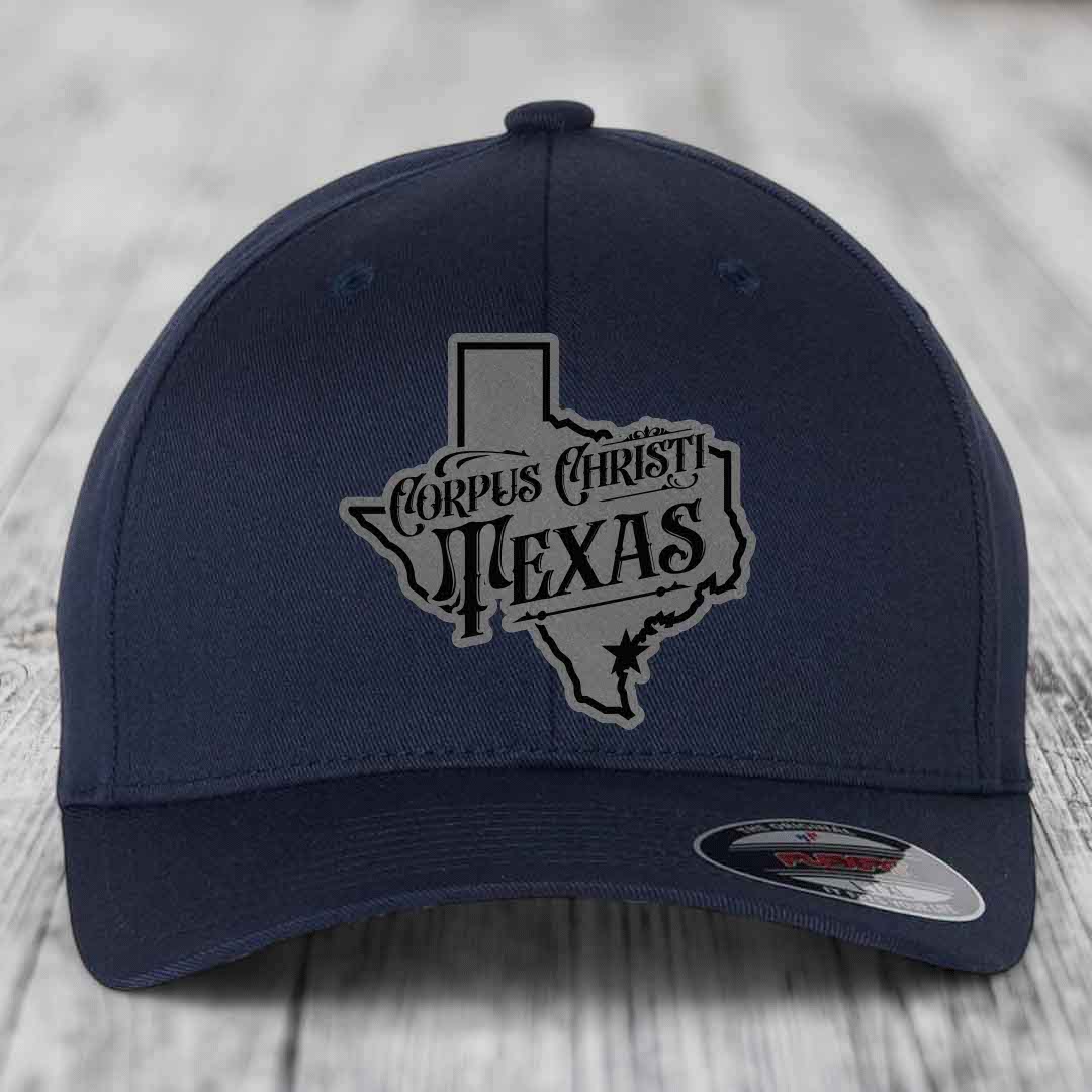 Corpus Christi Texas (Deluxe) - Leather Patch Hat - Grey to Black Patch - Flexfit 6277 Fitted Hat