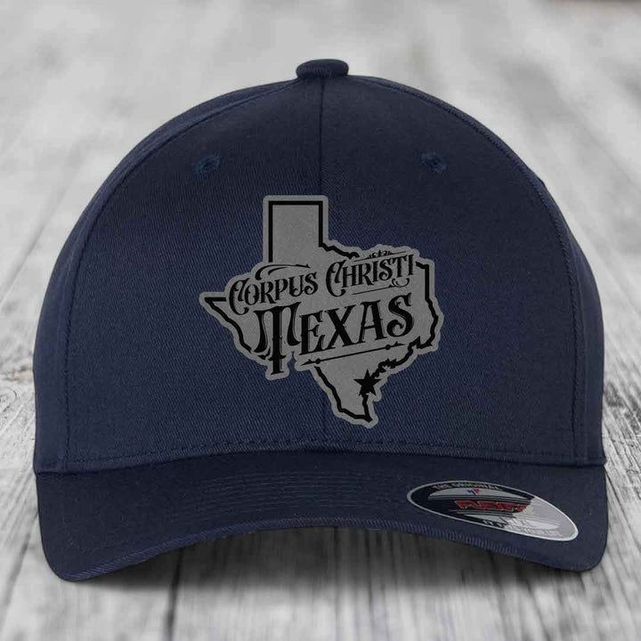 Corpus Christi Texas (Deluxe) - Leather Patch Hat - Grey to Black Patch - Flexfit 6277 Fitted Hat