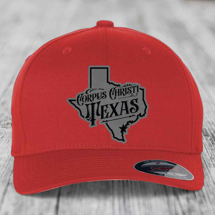Corpus Christi Texas (Deluxe) - Leather Patch Hat - Grey to Black Patch - Flexfit 6277 Fitted Hat