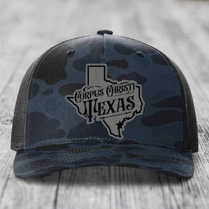 Corpus Christi Texas (Deluxe) - Leather Patch Hat - Grey to Black Patch - Richardson 112PFP Snapback Trucker Hat