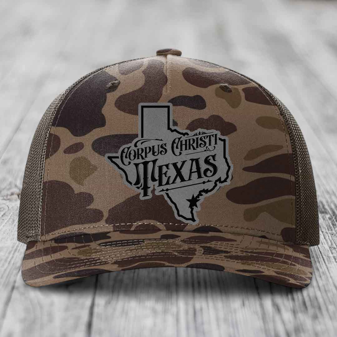 Corpus Christi Texas (Deluxe) - Leather Patch Hat - Grey to Black Patch - Richardson 112PFP Snapback Trucker Hat