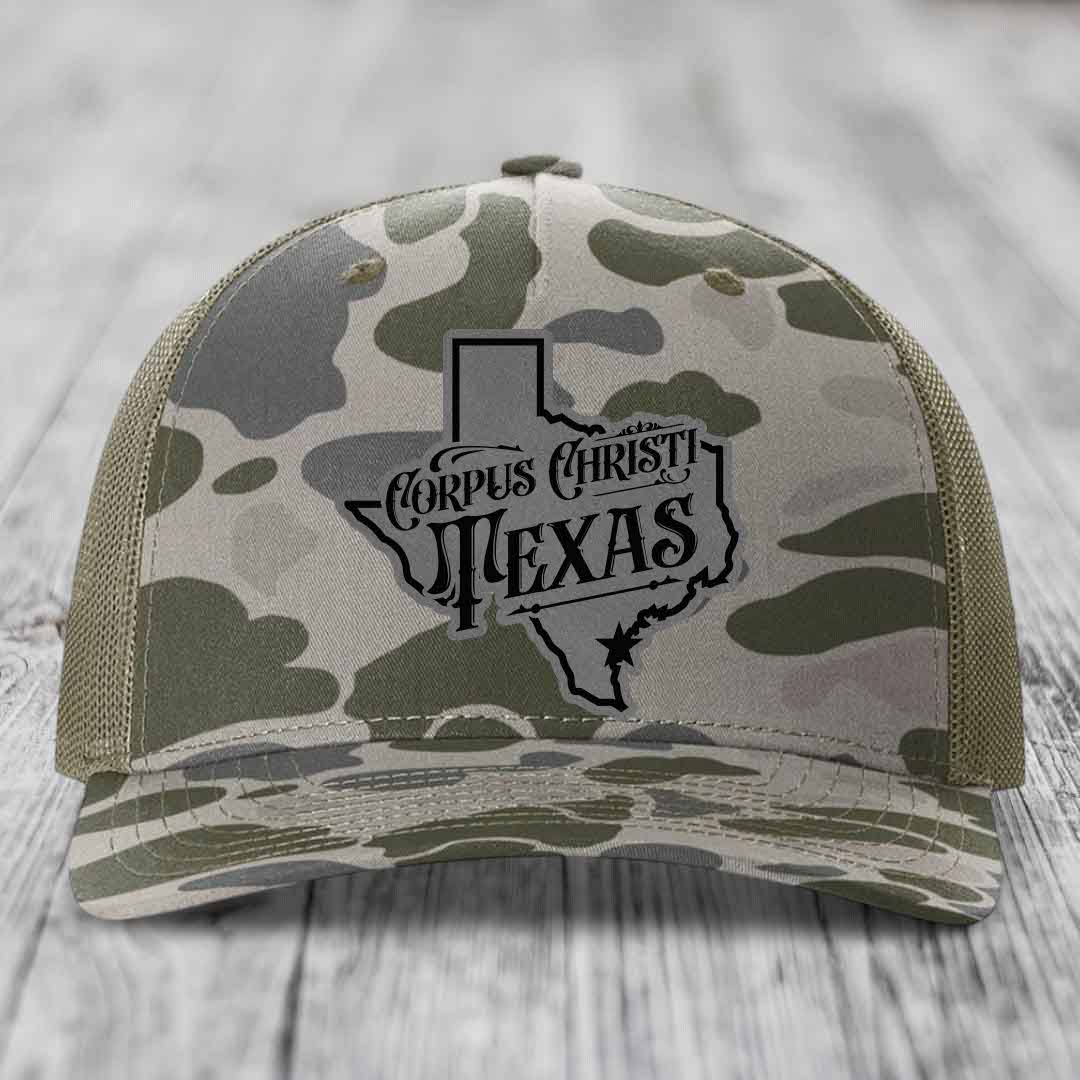 Corpus Christi Texas (Deluxe) - Leather Patch Hat - Grey to Black Patch - Richardson 112PFP Snapback Trucker Hat