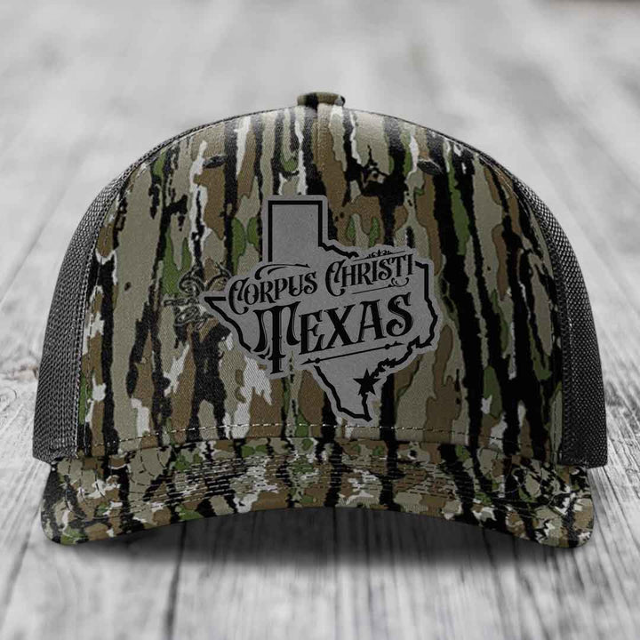 Corpus Christi Texas (Deluxe) - Leather Patch Hat - Grey to Black Patch - Richardson 112PFP Snapback Trucker Hat