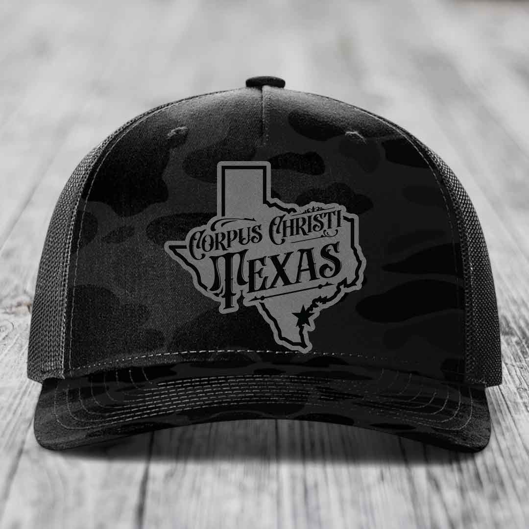 Corpus Christi Texas (Deluxe) - Leather Patch Hat - Grey to Black Patch - Richardson 112PFP Snapback Trucker Hat