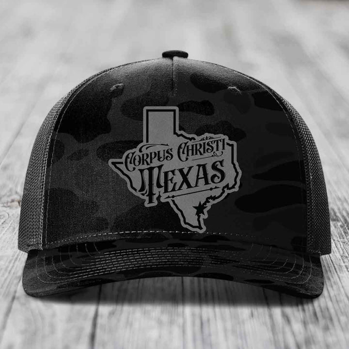 Corpus Christi Texas (Deluxe) - Leather Patch Hat - Grey to Black Patch - Richardson 112PFP Snapback Trucker Hat