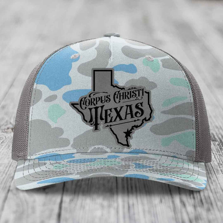 Corpus Christi Texas (Deluxe) - Leather Patch Hat - Grey to Black Patch - Richardson 112PFP Snapback Trucker Hat