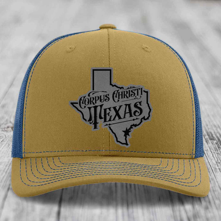 Corpus Christi Texas (Deluxe) - Leather Patch Hat - Grey to Black Patch - Richardson 112 Snapback Trucker Hat