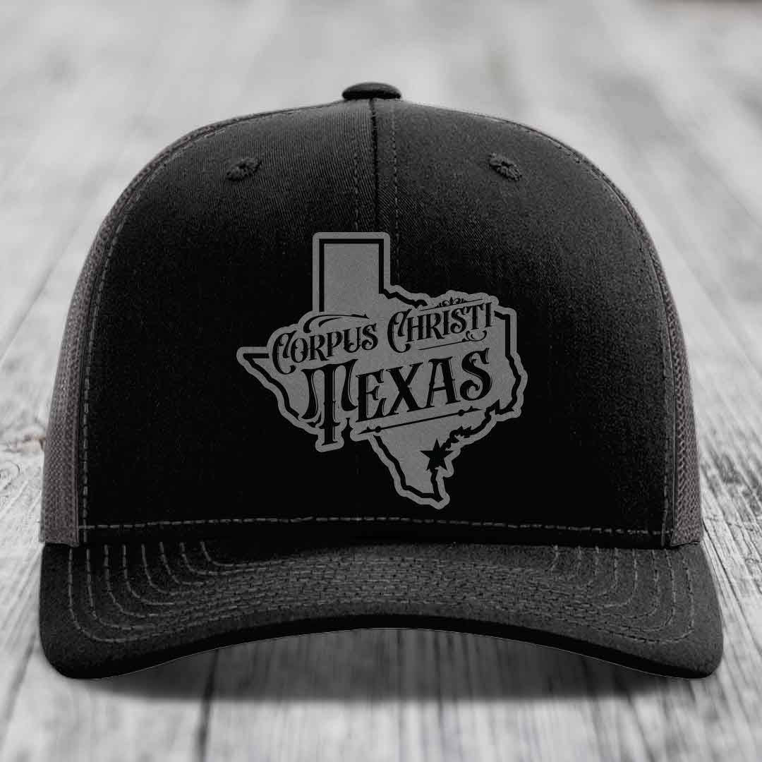 Corpus Christi Texas (Deluxe) - Leather Patch Hat - Grey to Black Patch - Richardson 112 Snapback Trucker Hat