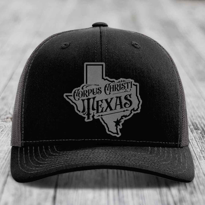 Corpus Christi Texas (Deluxe) - Leather Patch Hat - Grey to Black Patch - Richardson 112 Snapback Trucker Hat