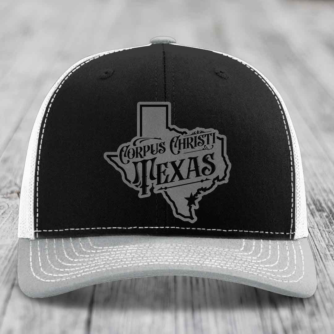 Corpus Christi Texas (Deluxe) - Leather Patch Hat - Grey to Black Patch - Richardson 112 Snapback Trucker Hat