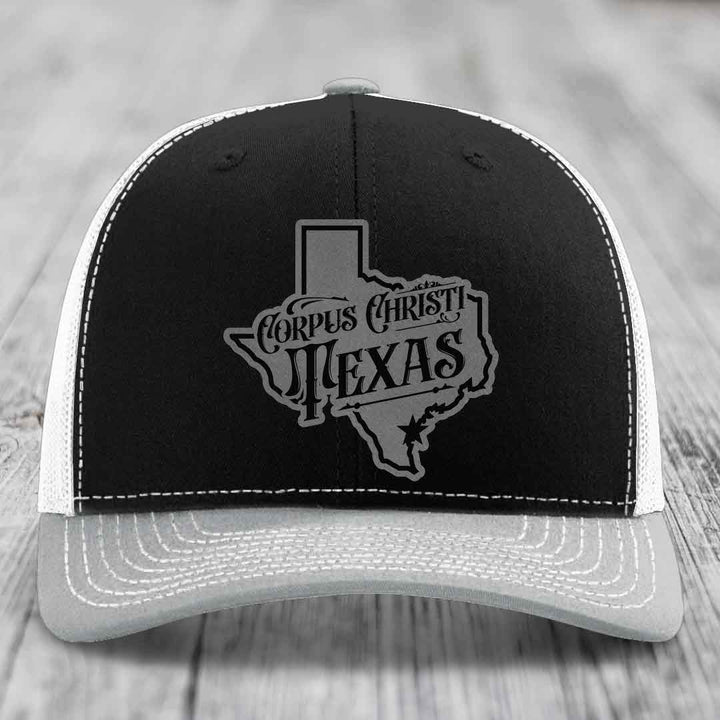 Corpus Christi Texas (Deluxe) - Leather Patch Hat - Grey to Black Patch - Richardson 112 Snapback Trucker Hat