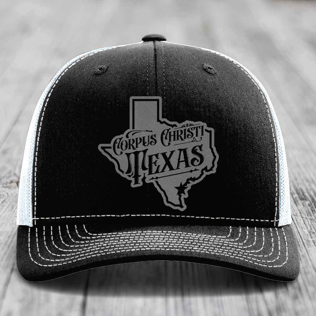 Corpus Christi Texas (Deluxe) - Leather Patch Hat - Grey to Black Patch - Richardson 112 Snapback Trucker Hat