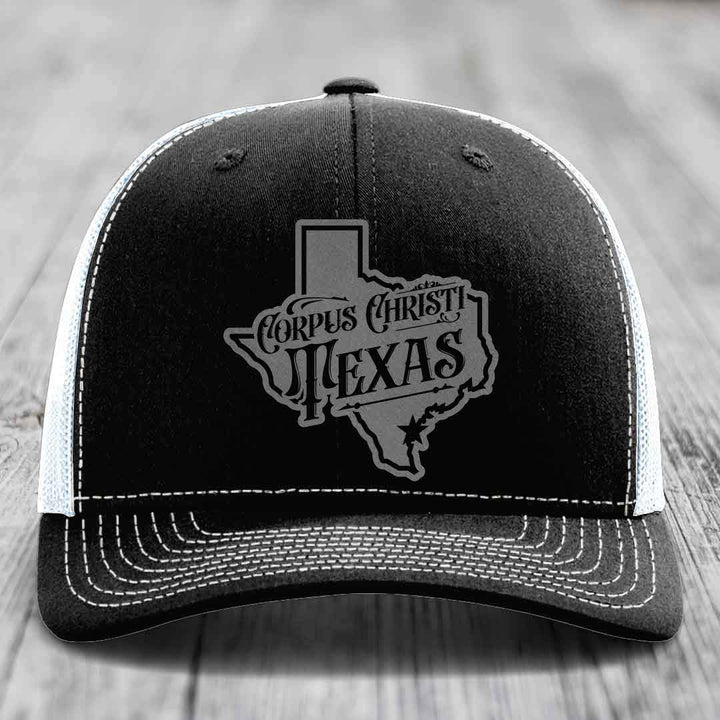 Corpus Christi Texas (Deluxe) - Leather Patch Hat - Grey to Black Patch - Richardson 112 Snapback Trucker Hat