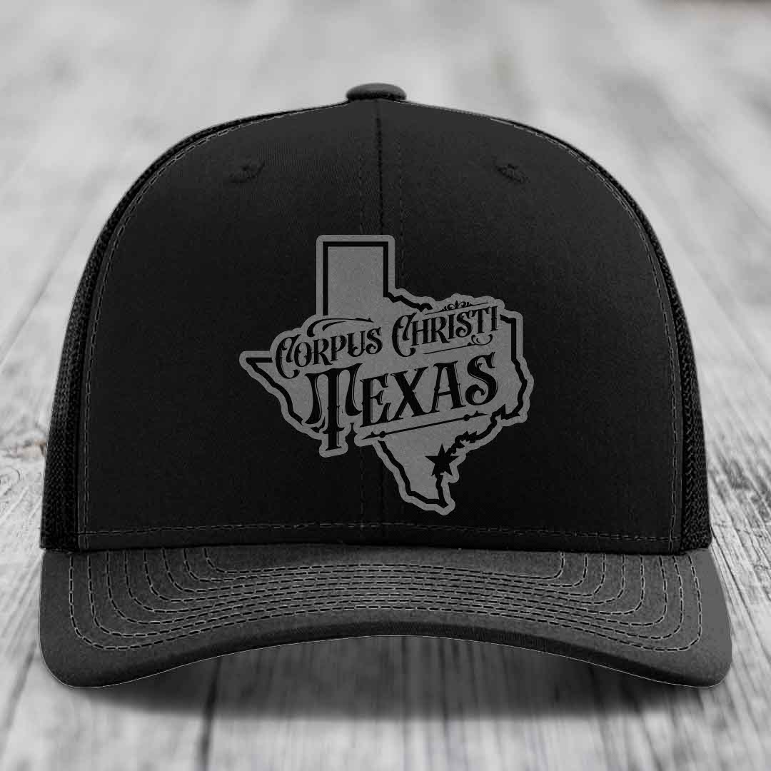 Corpus Christi Texas (Deluxe) - Leather Patch Hat - Grey to Black Patch - Richardson 112 Snapback Trucker Hat