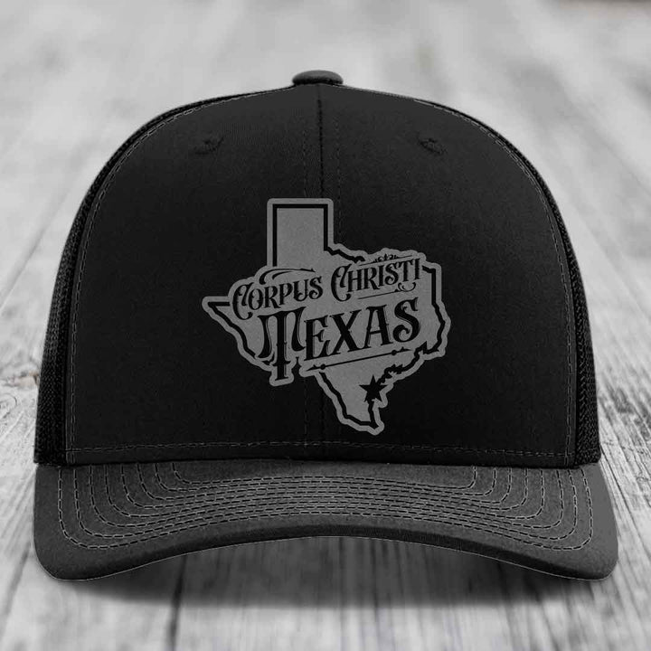 Corpus Christi Texas (Deluxe) - Leather Patch Hat - Grey to Black Patch - Richardson 112 Snapback Trucker Hat
