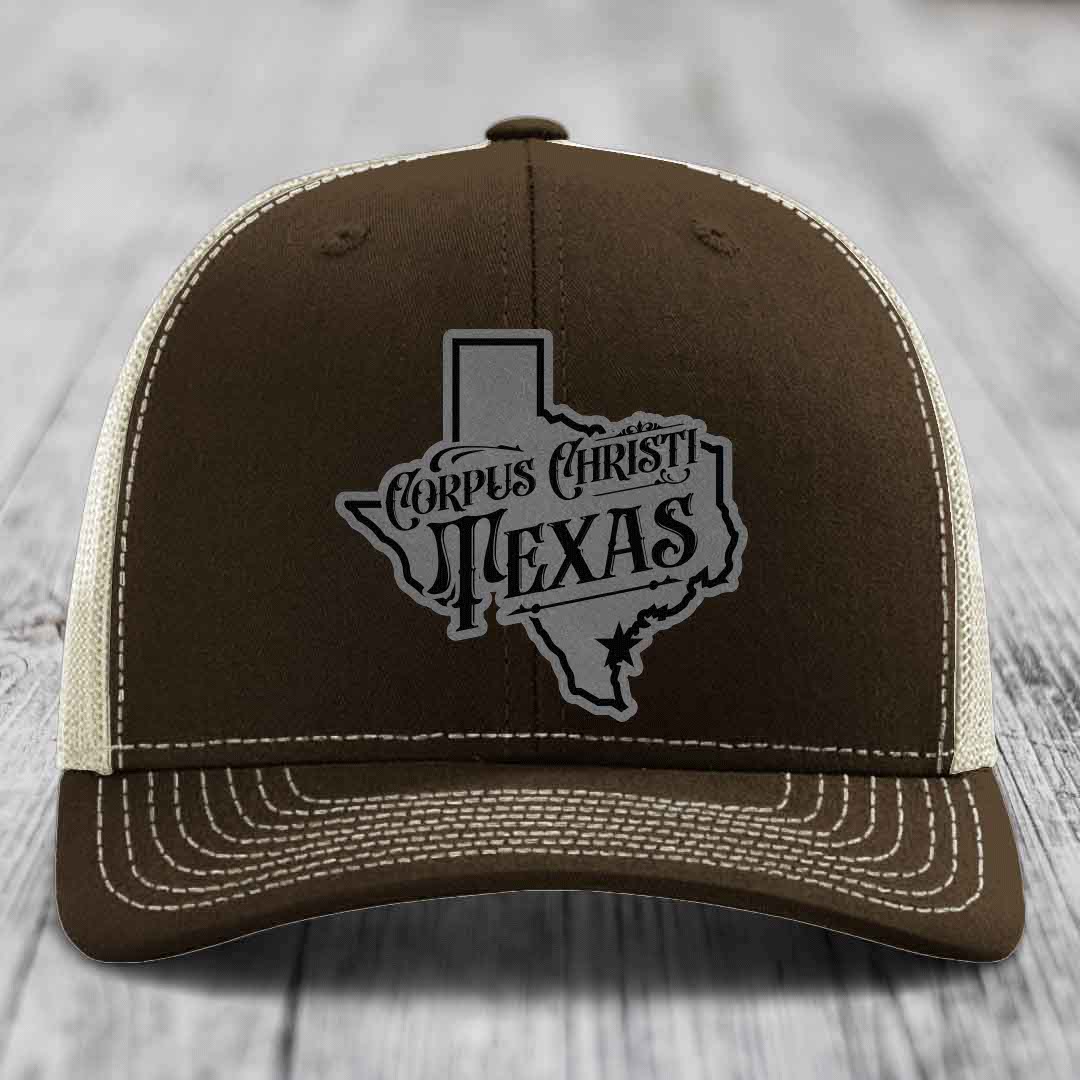 Corpus Christi Texas (Deluxe) - Leather Patch Hat - Grey to Black Patch - Richardson 112 Snapback Trucker Hat