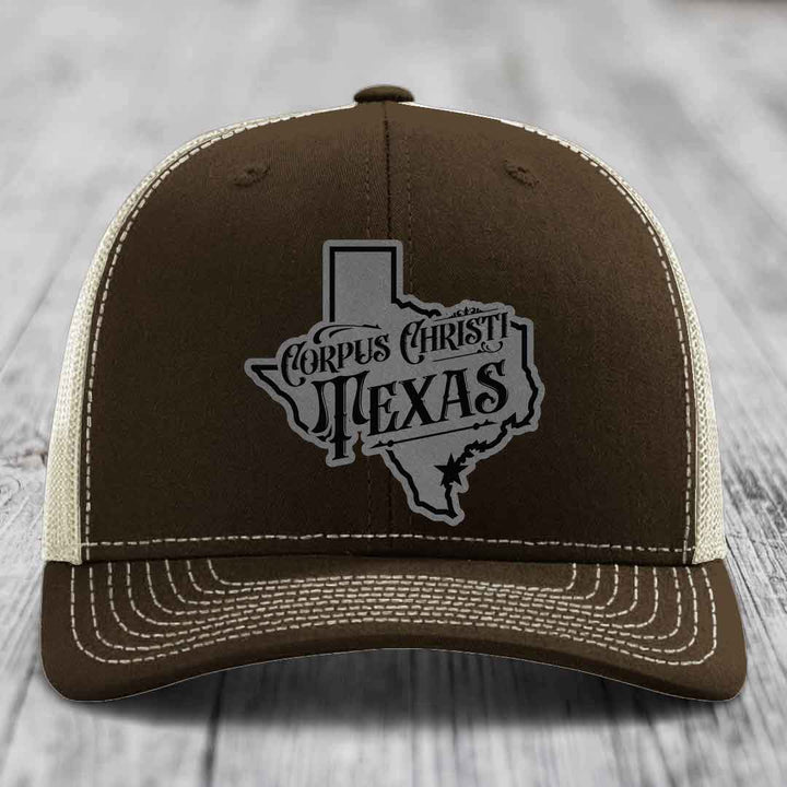 Corpus Christi Texas (Deluxe) - Leather Patch Hat - Grey to Black Patch - Richardson 112 Snapback Trucker Hat