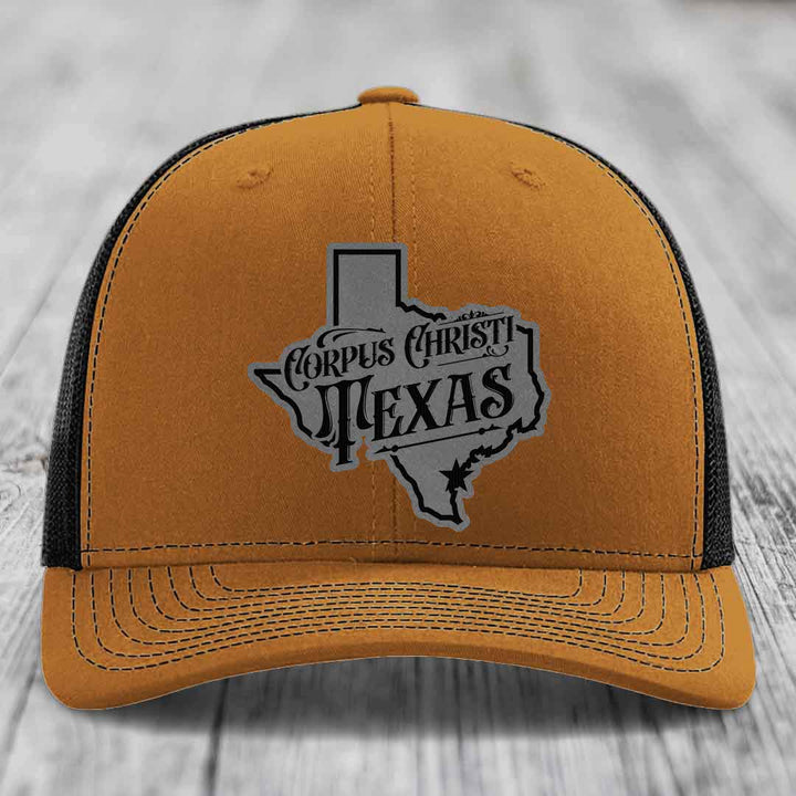 Corpus Christi Texas (Deluxe) - Leather Patch Hat - Grey to Black Patch - Richardson 112 Snapback Trucker Hat