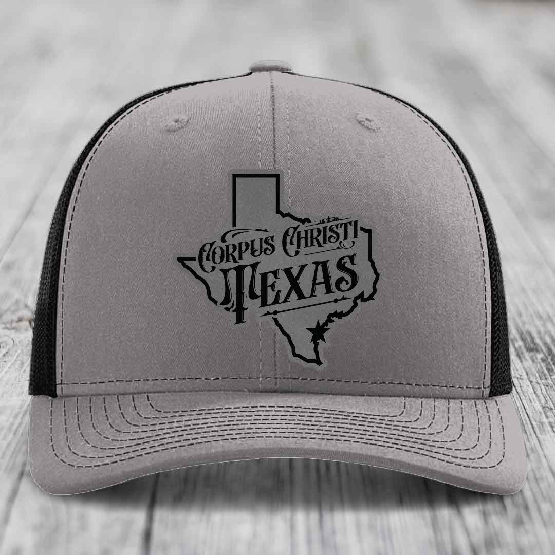 Corpus Christi Texas (Deluxe) - Leather Patch Hat - Grey to Black Patch - Richardson 112 Snapback Trucker Hat