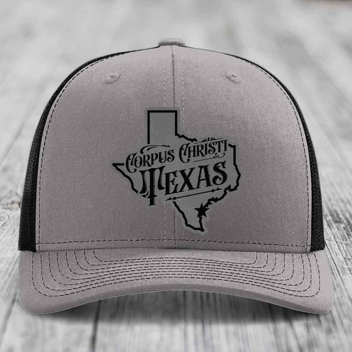Corpus Christi Texas (Deluxe) - Leather Patch Hat - Grey to Black Patch - Richardson 112 Snapback Trucker Hat