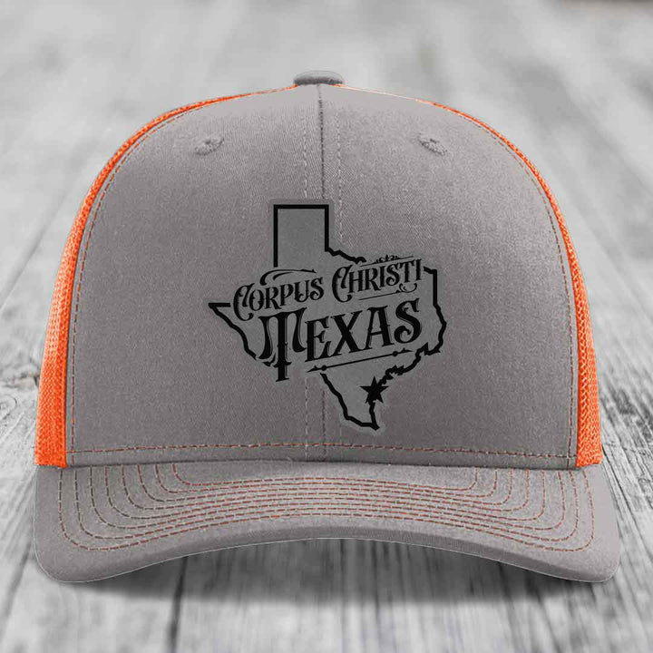 Corpus Christi Texas (Deluxe) - Leather Patch Hat - Grey to Black Patch - Richardson 112 Snapback Trucker Hat