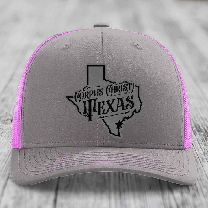 Corpus Christi Texas (Deluxe) - Leather Patch Hat - Grey to Black Patch - Richardson 112 Snapback Trucker Hat