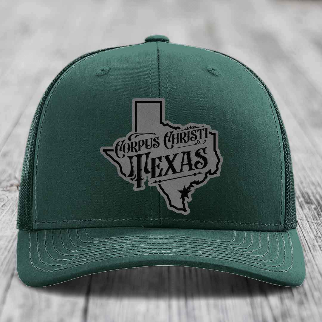 Corpus Christi Texas (Deluxe) - Leather Patch Hat - Grey to Black Patch - Richardson 112 Snapback Trucker Hat