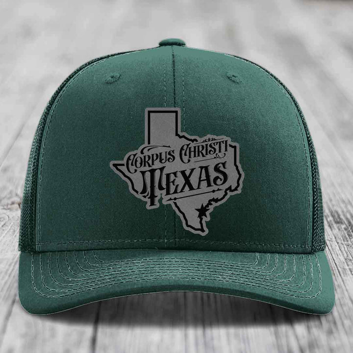 Corpus Christi Texas (Deluxe) - Leather Patch Hat - Grey to Black Patch - Richardson 112 Snapback Trucker Hat