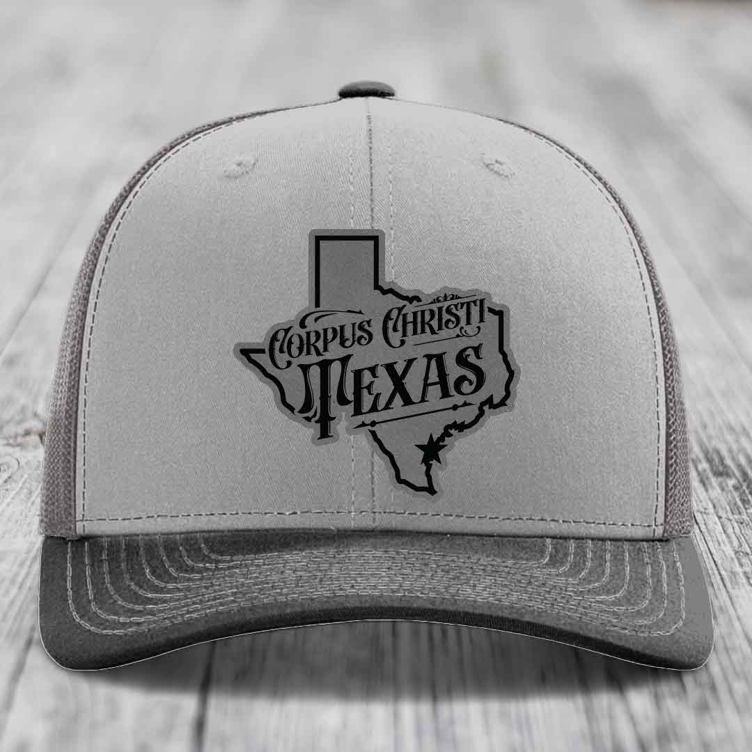 Corpus Christi Texas (Deluxe) - Leather Patch Hat - Grey to Black Patch - Richardson 112 Snapback Trucker Hat