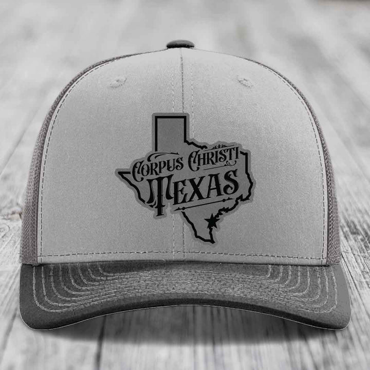 Corpus Christi Texas (Deluxe) - Leather Patch Hat - Grey to Black Patch - Richardson 112 Snapback Trucker Hat