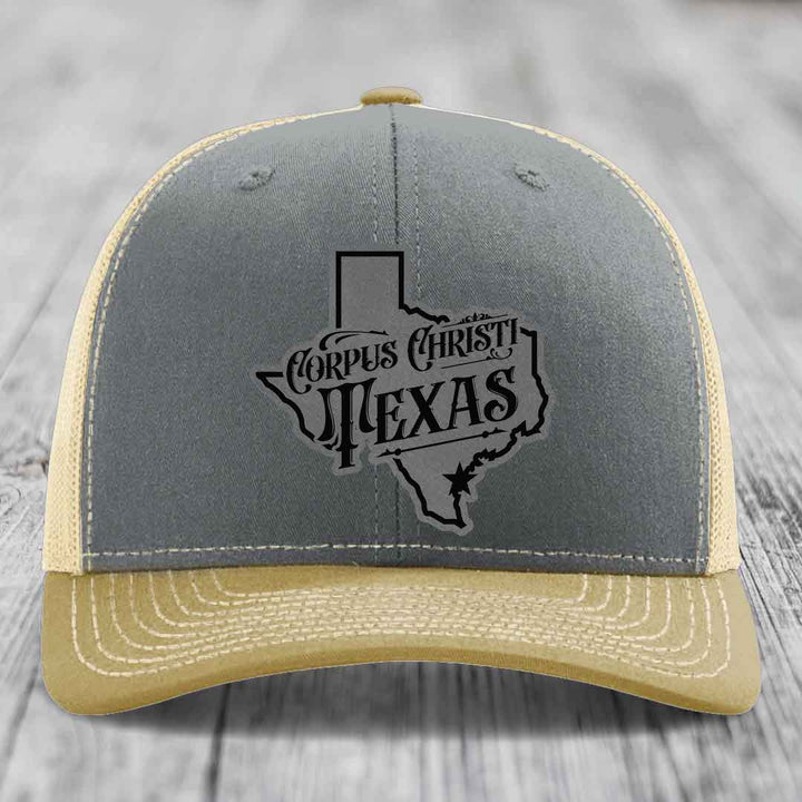 Corpus Christi Texas (Deluxe) - Leather Patch Hat - Grey to Black Patch - Richardson 112 Snapback Trucker Hat