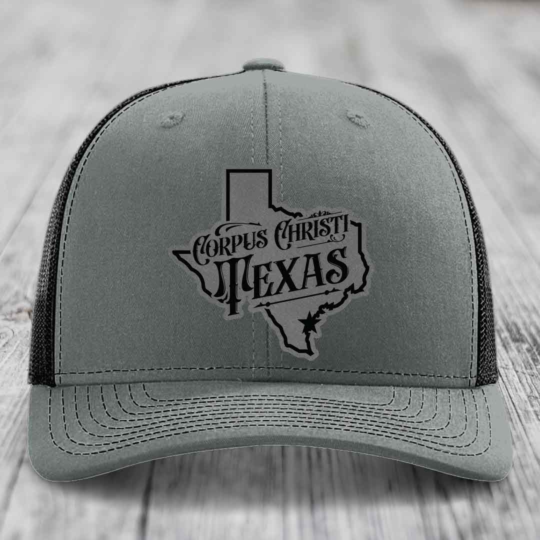Corpus Christi Texas (Deluxe) - Leather Patch Hat - Grey to Black Patch - Richardson 112 Snapback Trucker Hat