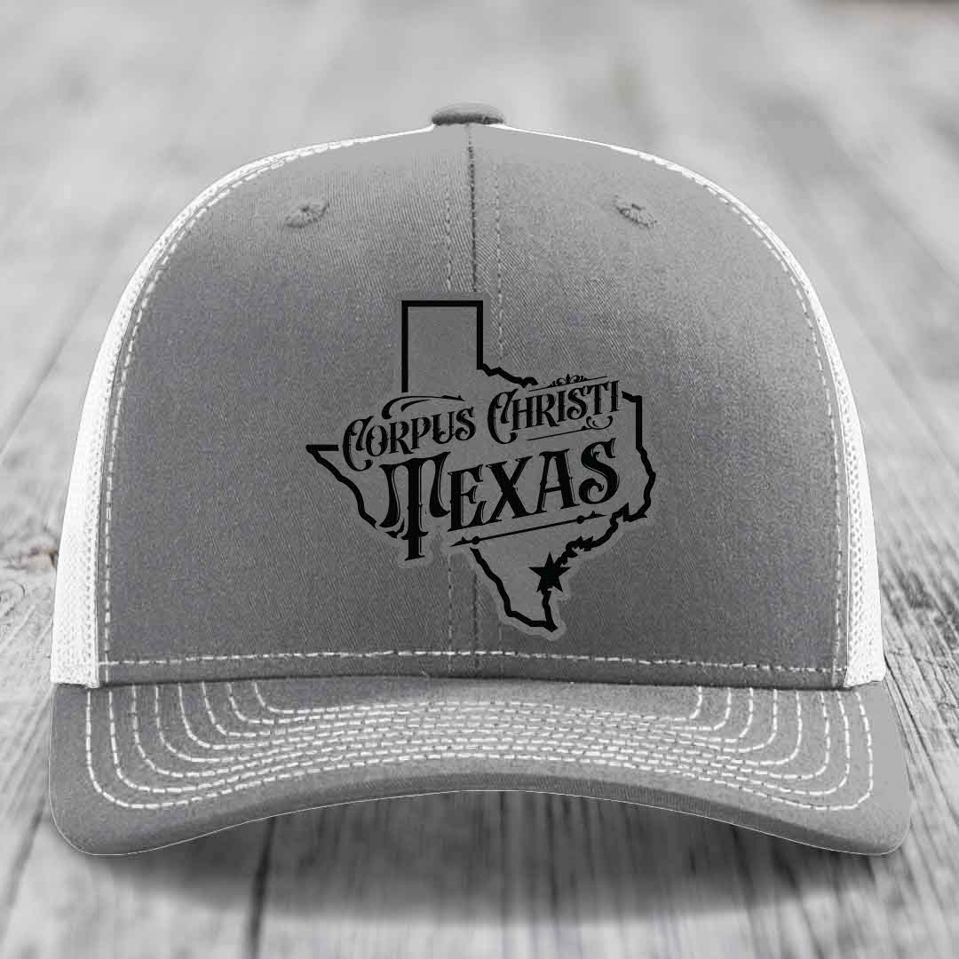 Corpus Christi Texas (Deluxe) - Leather Patch Hat - Grey to Black Patch - Richardson 112 Snapback Trucker Hat