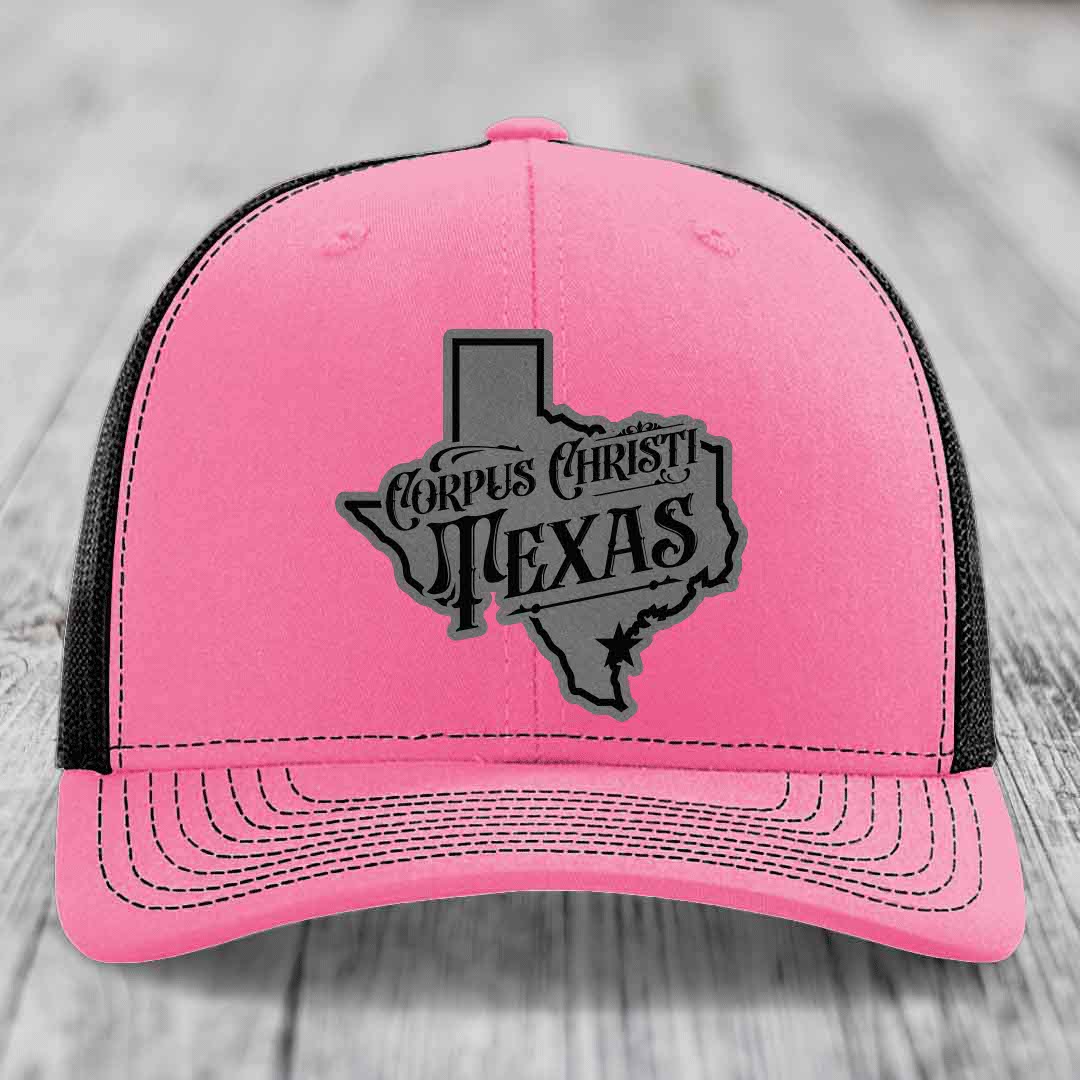 Corpus Christi Texas (Deluxe) - Leather Patch Hat - Grey to Black Patch - Richardson 112 Snapback Trucker Hat