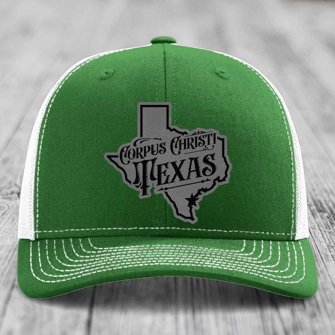 Corpus Christi Texas (Deluxe) - Leather Patch Hat - Grey to Black Patch - Richardson 112 Snapback Trucker Hat