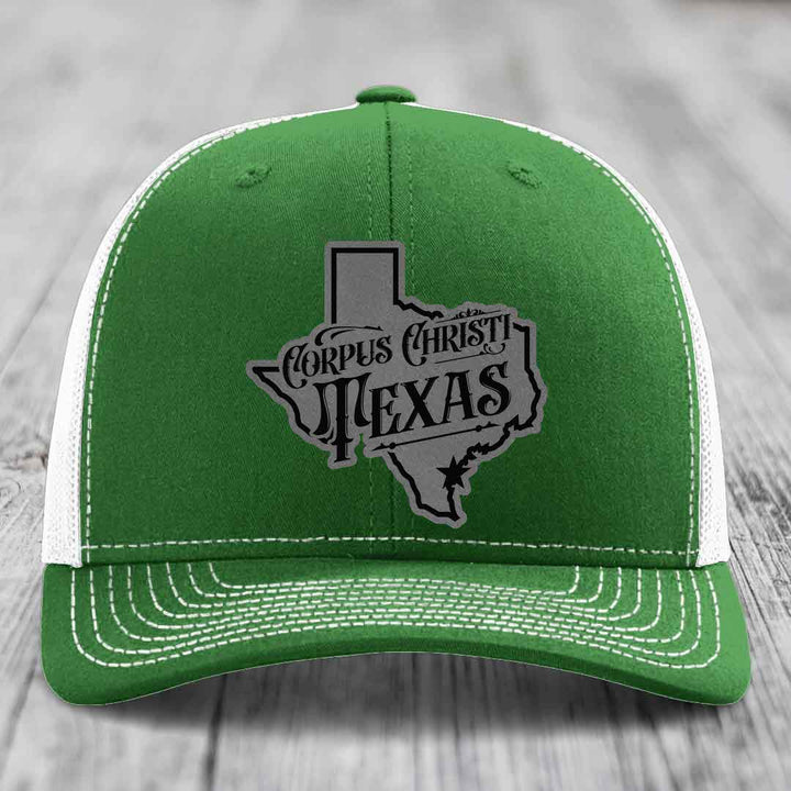 Corpus Christi Texas (Deluxe) - Leather Patch Hat - Grey to Black Patch - Richardson 112 Snapback Trucker Hat