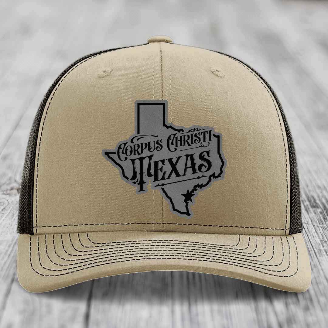Corpus Christi Texas (Deluxe) - Leather Patch Hat - Grey to Black Patch - Richardson 112 Snapback Trucker Hat