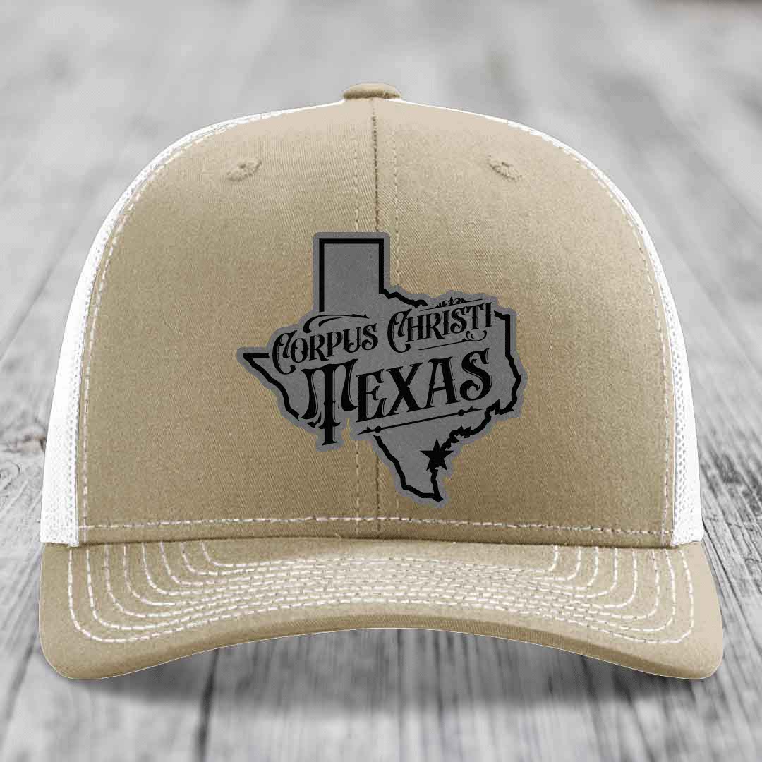 Corpus Christi Texas (Deluxe) - Leather Patch Hat - Grey to Black Patch - Richardson 112 Snapback Trucker Hat