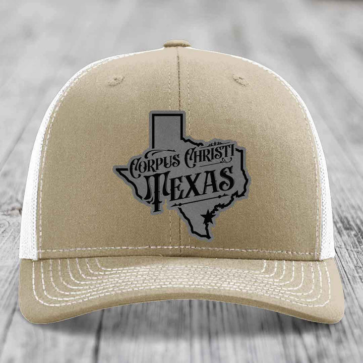 Corpus Christi Texas (Deluxe) - Leather Patch Hat - Grey to Black Patch - Richardson 112 Snapback Trucker Hat
