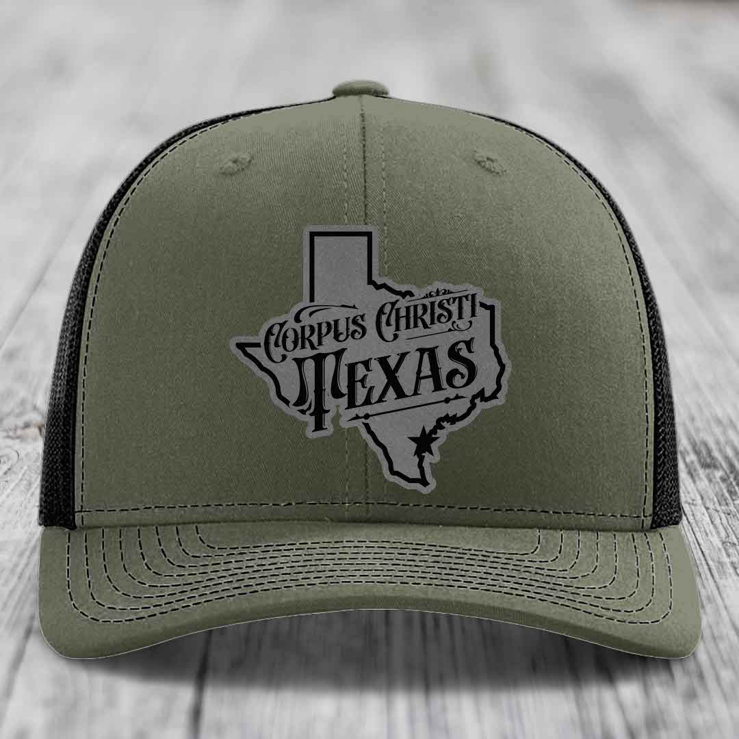 Corpus Christi Texas (Deluxe) - Leather Patch Hat - Grey to Black Patch - Richardson 112 Snapback Trucker Hat
