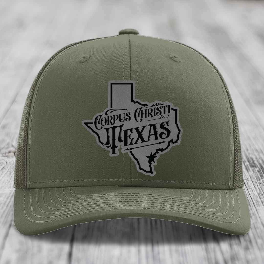 Corpus Christi Texas (Deluxe) - Leather Patch Hat - Grey to Black Patch - Richardson 112 Snapback Trucker Hat