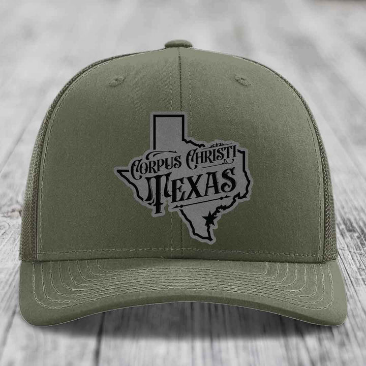 Corpus Christi Texas (Deluxe) - Leather Patch Hat - Grey to Black Patch - Richardson 112 Snapback Trucker Hat